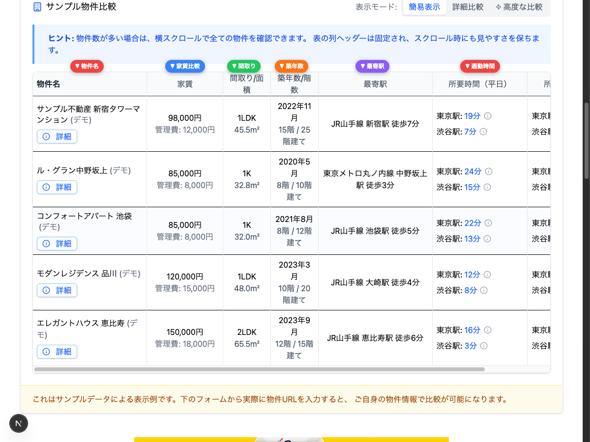 物件比較テーブル（PC版）